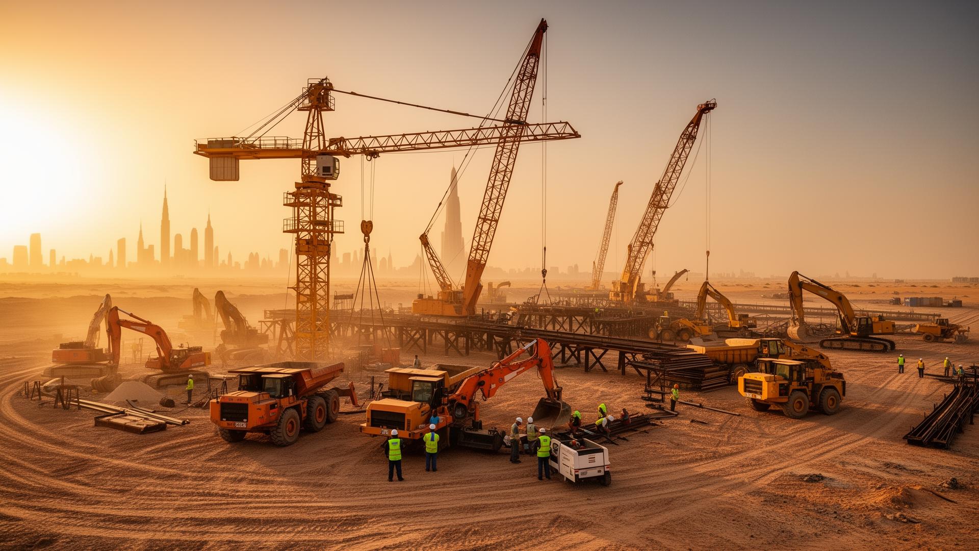 Heavy equipment rental machinery operating on a construction site in Kuwait