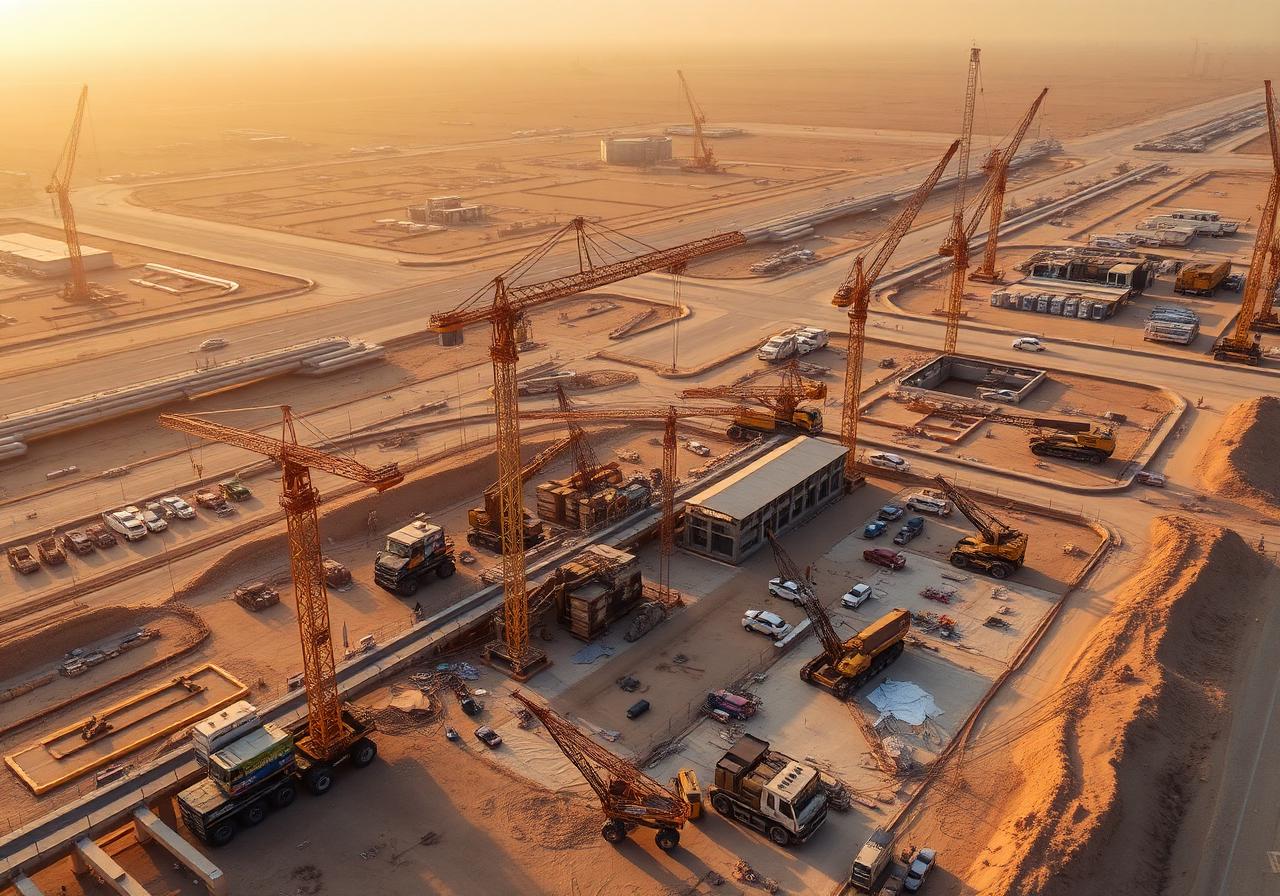 Construction site equipment and cranes supporting industrial projects in Kuwait